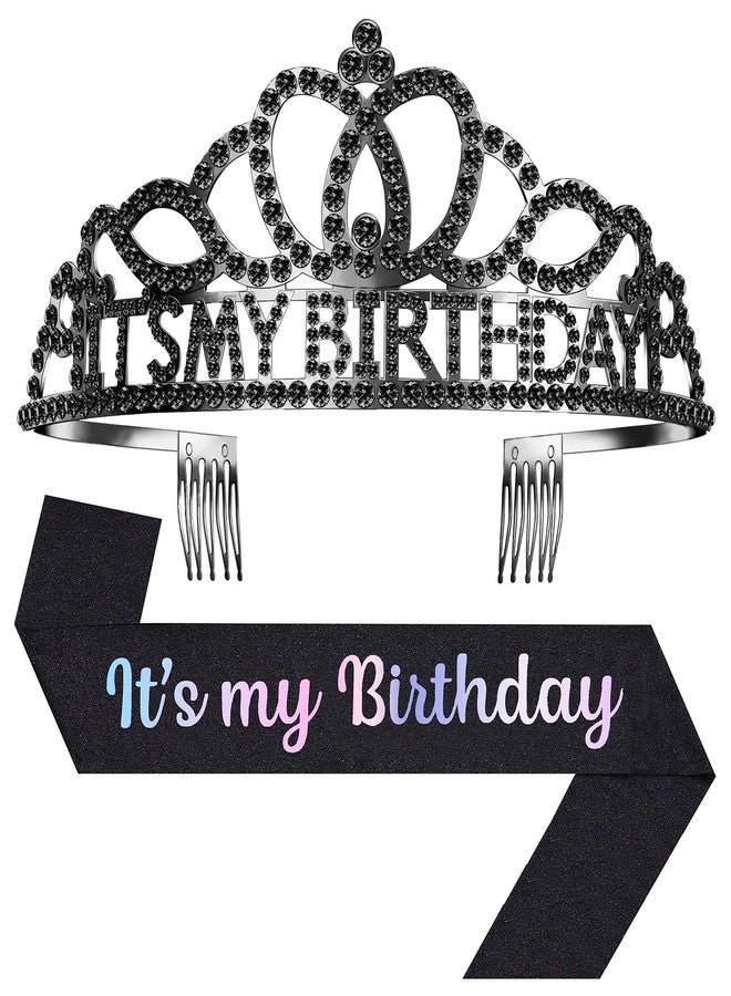 Papoopy Birthday Tiara and Crown with Sash, Birthday Tiara for Women Party Black - Image 1